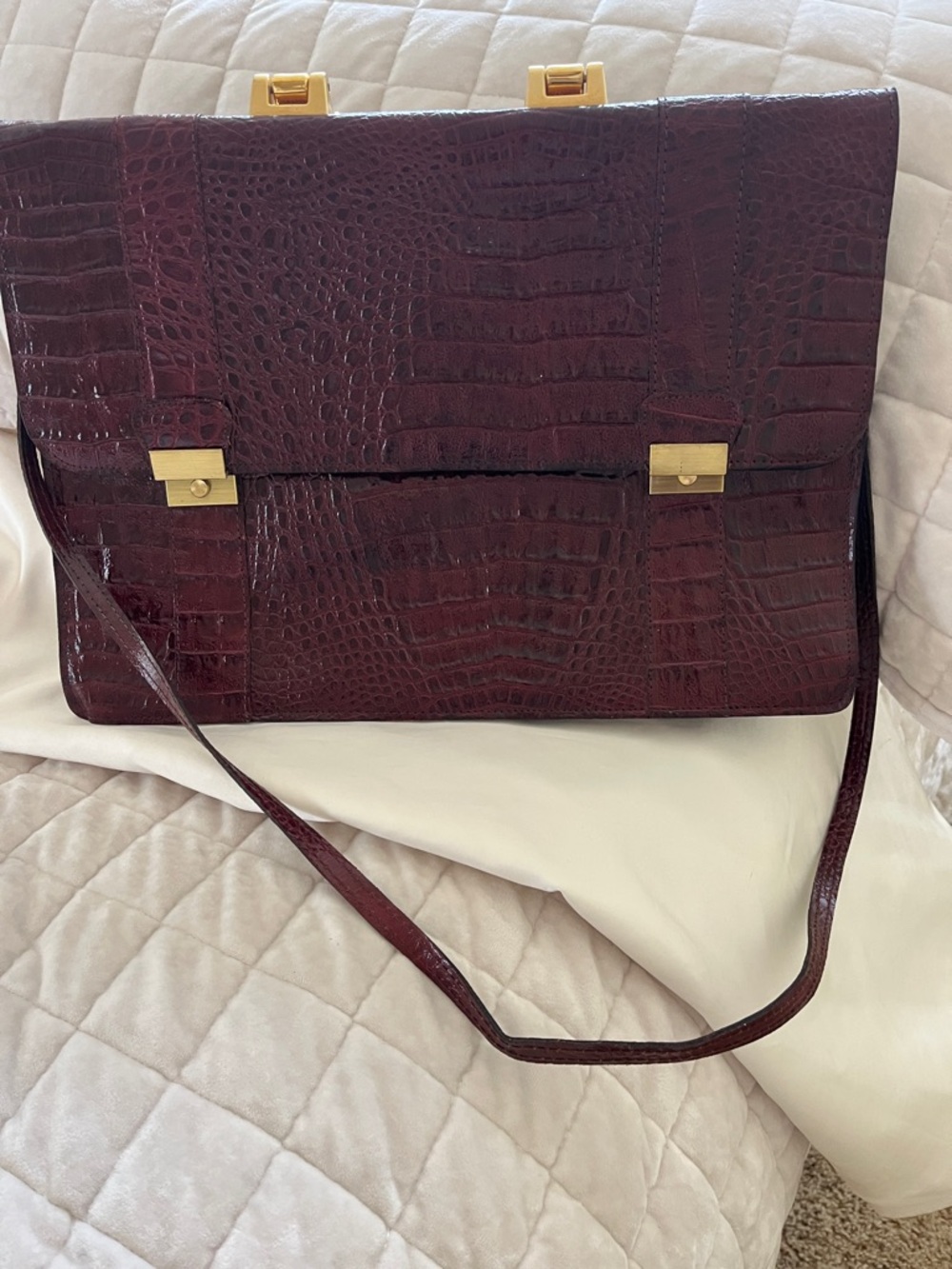 Croc-Embossed Structured Satchel in Deep Burgundy